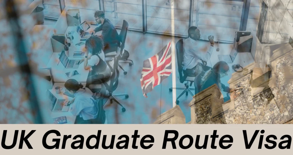 International students working in the UK under the PSW Visa with a British flag in the background