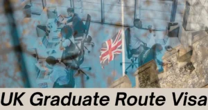 International students working in the UK under the PSW Visa with a British flag in the background