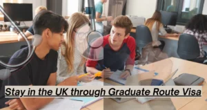 There are three different images together as transparent showcasing students working along with their studies. It is explaining the importance of graduate route visa in the UK
