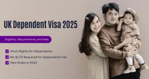 Illustration of a multicultural family at a UK airport with luggage, Big Ben, and Union Jack flag in the background — promoting UK Dependent Visa 2025 rules and benefits