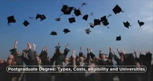 A group of students celebrating graduation by throwing caps in the air, representing postgraduate degrees, types, costs, eligibility, and the best universities