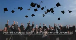 Group of students celebrating graduation by throwing caps in the air, representing master's degrees types, costs, eligibility, and best universities