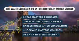 International students celebrating graduation at London’s Tower Bridge with an infographic listing top UK master’s programs, employability statistics, and high-salary careers