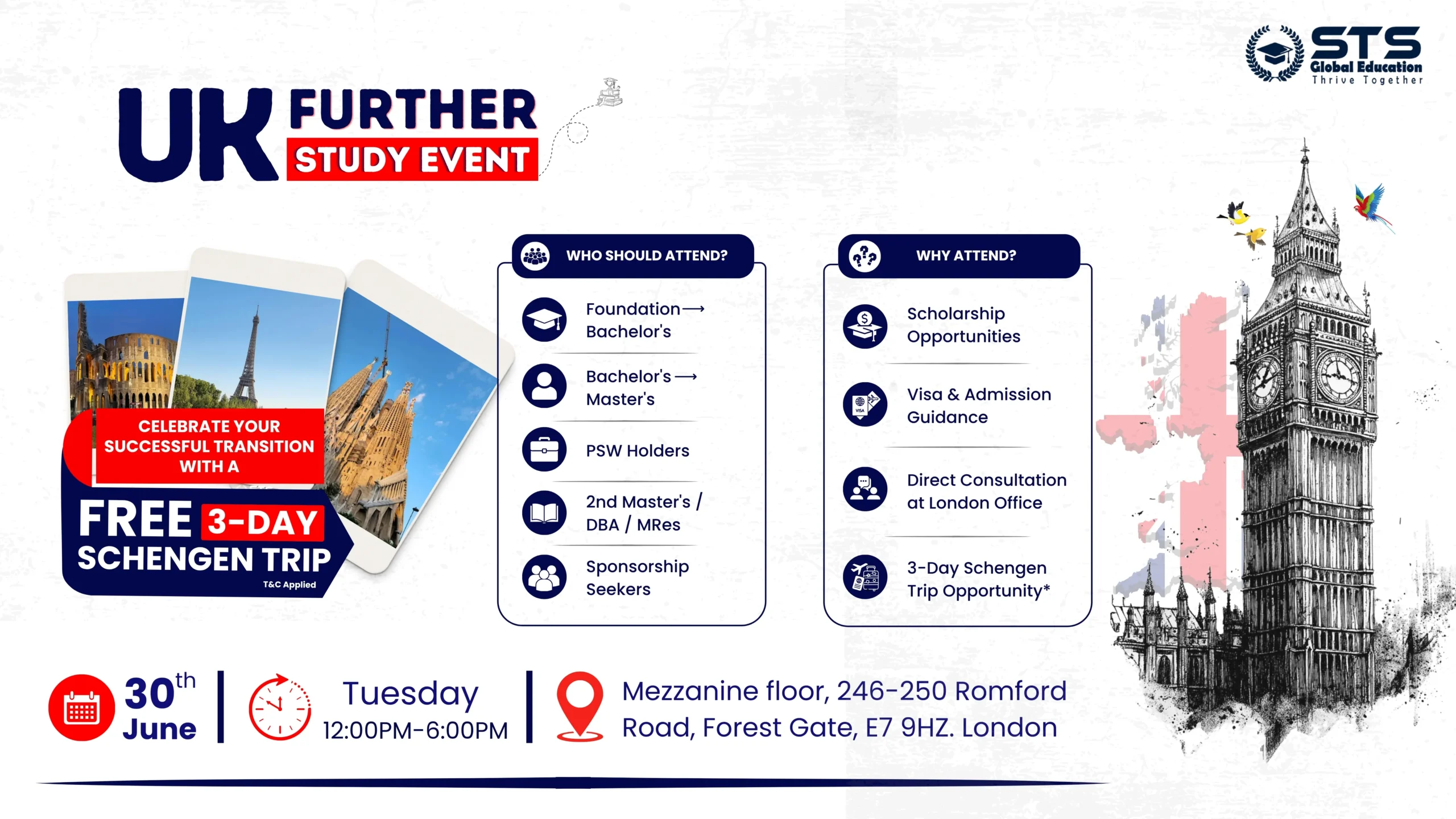 UK Further Study Event in London for international students seeking progression from Foundation to Bachelor's, Bachelor's to Master's, second Master's, DBA, or MRes programs. Event offers scholarship opportunities, visa and admission guidance, direct consultation, and a free 3-day Schengen trip opportunity. Held on 30 June in Forest Gate, London by STS Global Education.