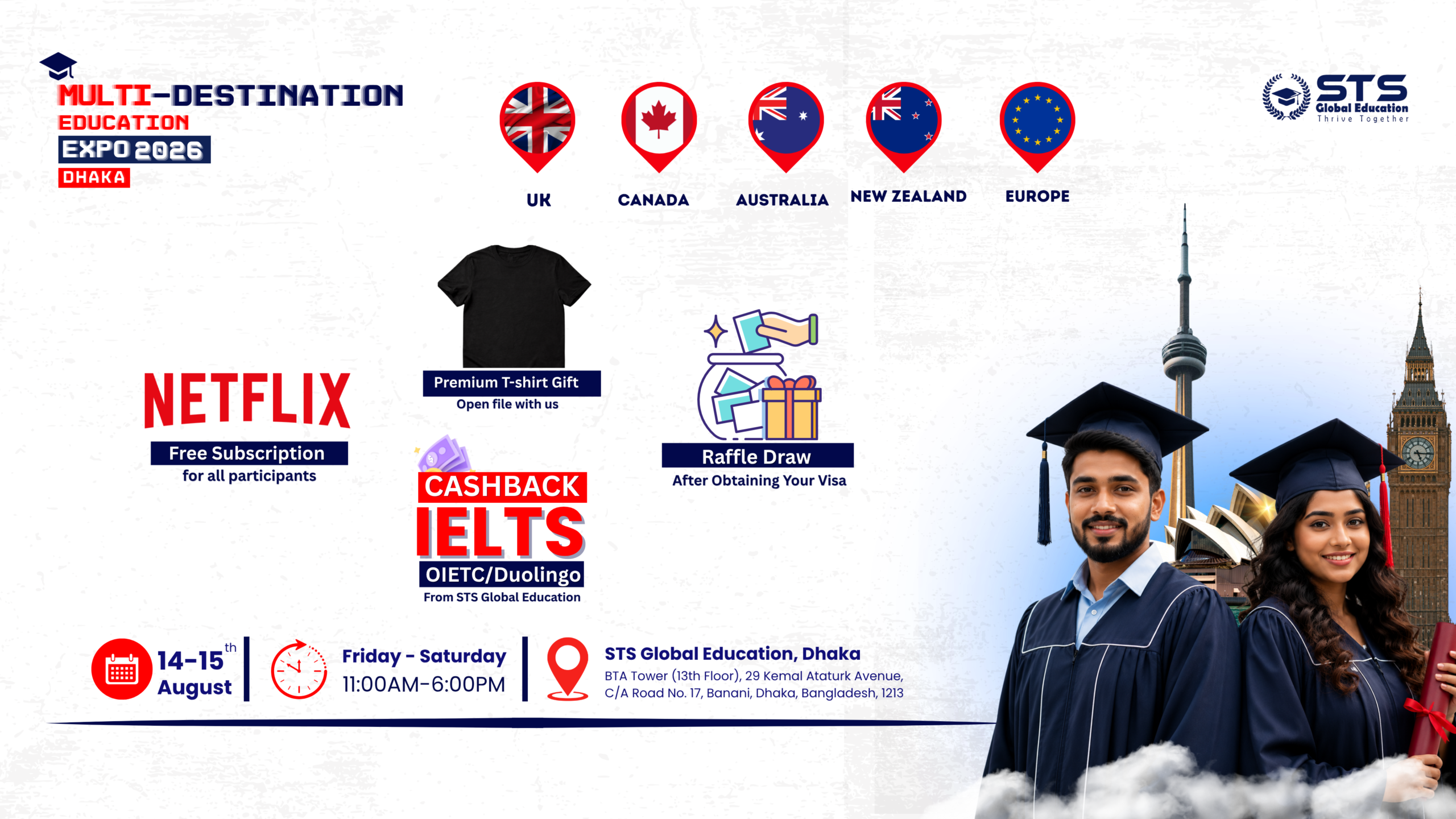 Ready to study abroad? Join the Multi-Destination Education Expo 2026 hosted by STS Global Education and discover exciting opportunities to study in the UK, Canada, Australia, New Zealand, and Europe.