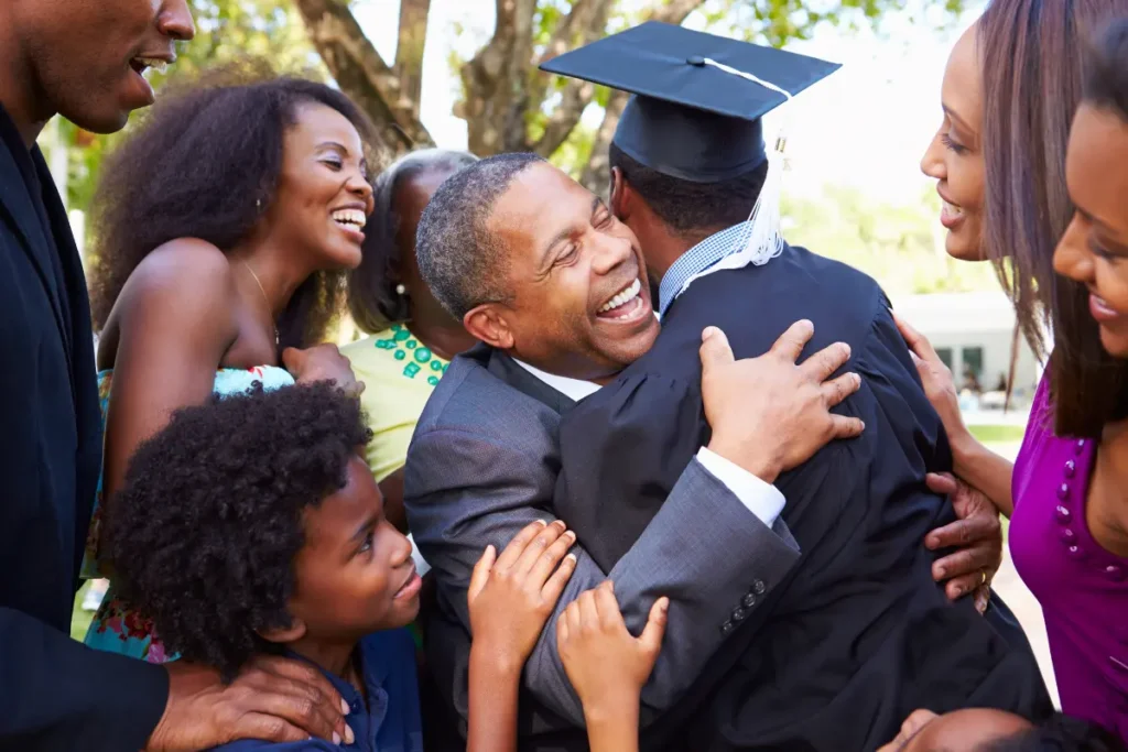 This international student has graduated from a UK university and is celebrating with their family.