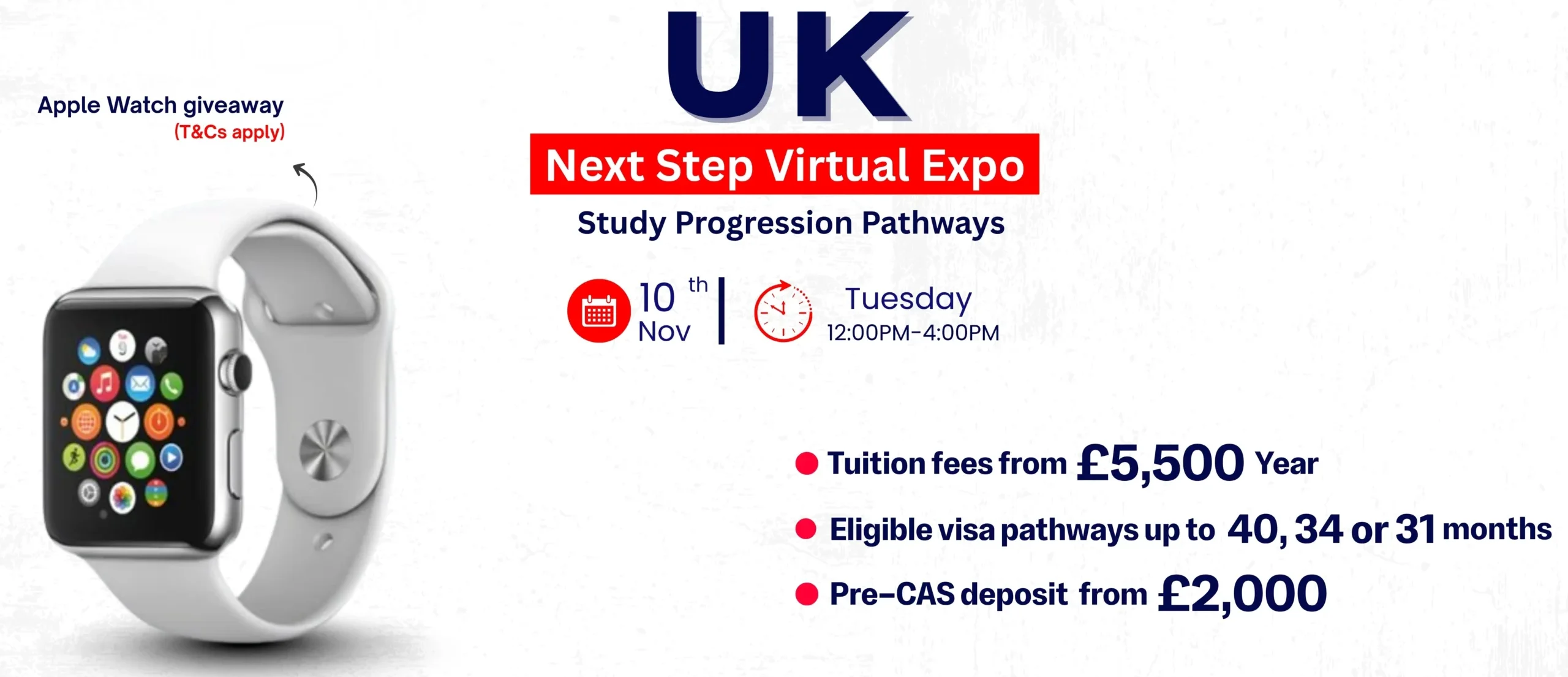 UK Next Step Virtual Expo by STS Global Education on 10 November 2026, featuring UK study and visa pathways, tuition fees from £5,500 per year, and Pre-CAS deposits from £2,000.